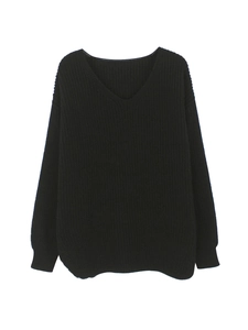 Maglione in maglia nera con scollo a V da donna, vestibilità comoda e polsini a coste