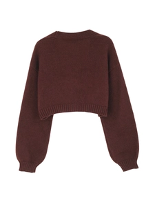 Short dark red knit cardigan sweater for women with drop shoulders and crew neck