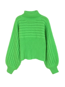Women's turtleneck cable-knit sweater in neon green with stylish puff sleeves