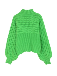 Bright green high-neck cable knit sweater with chunky lantern sleeves and ribbed cuffs
