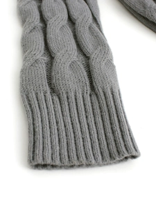 Gray long cable knit cardigan sweater with ribbed cuffs and classic braided texture