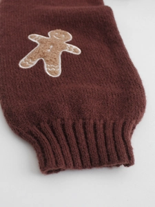 Women's dark brown short knit cardigan with cute gingerbread man pattern embroidery
