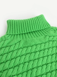 Bright green cable knit turtleneck sweater with ribbed collar for autumn and winter
