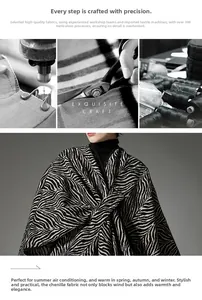 Detail of thick black and white zebra pattern chenille shawl with soft texture and stitching