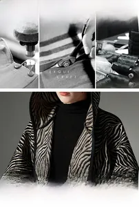 Détail de la texture en chenille et motif zèbre sur le poncho à capuche pour femme