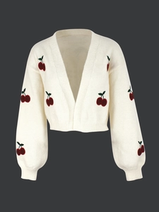 White cropped V-neck knit cardigan with embroidered red cherry patterns and ribbed cuffs