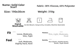 Detail specifications of dark grey scarf showing 190x30cm size and 310g weight details