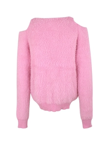 Detailed view of pink cold-shoulder knit sweater featuring soft fuzzy texture and ribbed cuffs