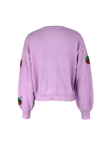 Back view of lavender knit cardigan featuring delicate red strawberry embroidery details