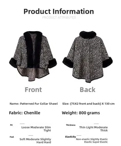Detailed size guide and fabric specifications for the patterned black faux fur shawl