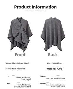 Detailed chart for black striped shawl coat showing 150x130cm size and material specs