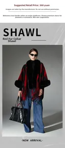 Close-up of red and black check shawl with thick black faux fur collar and fringe hem
