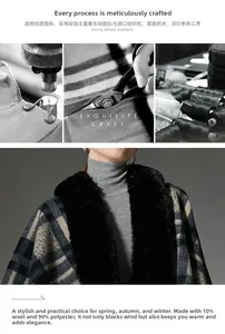 Navy plaid shawl with faux fur collar detail showing 10% wool blend fabric craftsmanship