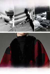 Detail of red plaid winter shawl with black faux fur collar and 10% wool blend material