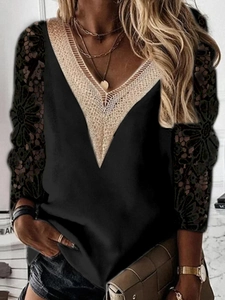 Close-up of elegant V-neck lace patchwork and floral sheer sleeves on black knit top