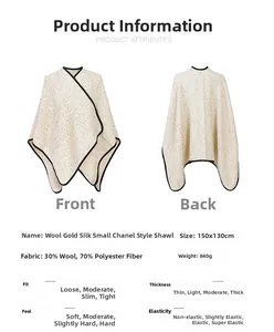 Detail view of wool tweed shawl specifications with 30% wool fabric and 150x130cm dimensions