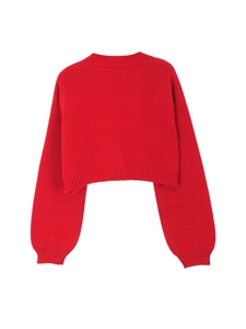 Detail view of the red cropped knit cardigan showing rib-knit cuffs and hem from the back