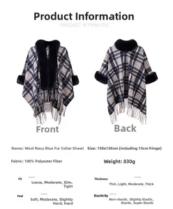 Detail showing 100% polyester plaid shawl dimensions 150x130cm with faux fur trim