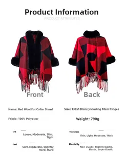 Detail view of red Christmas shawl with black faux fur collar and tassel specifications