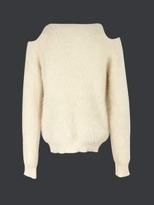 Detailed view of beige fuzzy knit texture on stylish cold-shoulder sweater for women