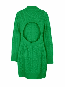 Detailed back view of green cable knit dress showing circular open back cutout design