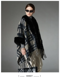 Close-up of gray checkered shawl featuring black faux fur collar and long fringe hem