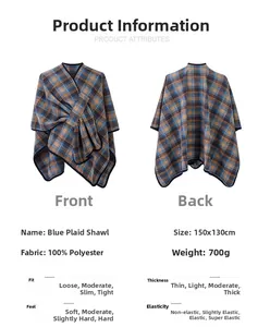Detail view of blue and brown plaid shawl with 100% polyester fabric specifications