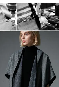 Exquisite craft detail of grey herringbone wool blend winter poncho with black piping edge