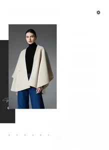 Detail of a beige mid-length shawl coat with belt in modern Nordic minimalist style