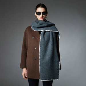 Dark grey-blue wool-like scarf with white blanket stitch edges for men and women