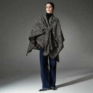 Stylish zebra pattern shawl with front buckle closure for women's winter fashion wear