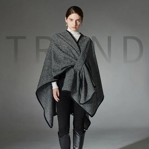 Women Elegant Striped Poncho Shawl Mid Length Knitted Wrap Cape With Contrast Binding For Winter Autumn Casual Fashion Outerwear