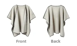 Front and back views of gray wool-blend shawl with black contrast blanket stitching