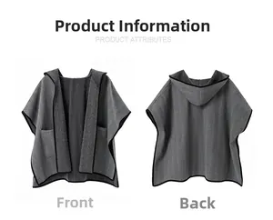 Detail of herringbone wool poncho featuring contrast piping and a large hood