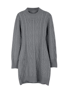 Detail of grey cable knit texture and diamond pattern on this long sleeve dress