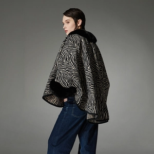 Elegant zebra pattern winter shawl wrap with faux fur collar and trim cuffs for women