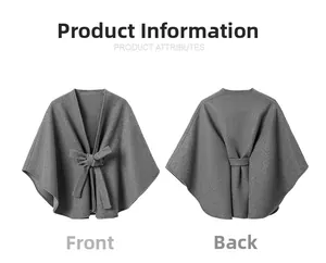 Front and back views of gray wool blend cape shawl with elegant bow tie closure details