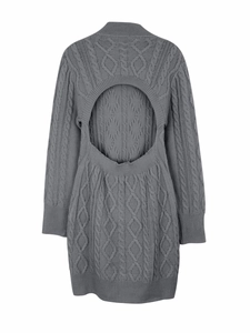Detailed back view of grey cable-knit dress featuring a large circular cut-out design