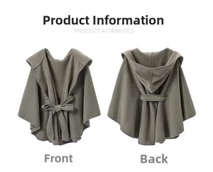 Front and back detail of hooded poncho cloak with blue contrast trim and bow-tie closure