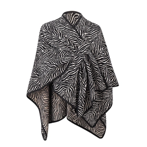 Thick zebra pattern knitted shawl poncho with black hem for women autumn winter style