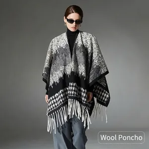 Vintage Wool Houndstooth Tassel Shawl Wrap Women Winter Warm Geometric Pattern Jacquard Cloak Pashmina Shawl For Lady