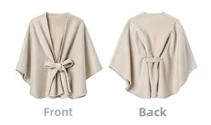 Front and back view of a beige wool shawl with waist belt showing fabric texture