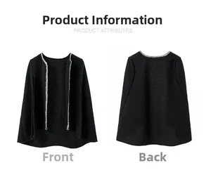 Front and back views of a black tweed cape with gold and white woven trim detailing