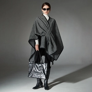 Women's black striped shawl wrap poncho with irregular hem and buckle closure