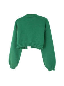 Macro view of the back of a green cropped knit sweater with thick rib knit texture