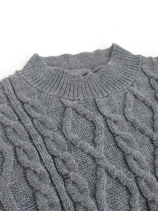 Close-up of grey cable knit texture and ribbed crew neck on a thick winter sweater