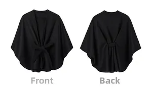 Front and back views of black wool blend cape coat with matching tie-waist belt