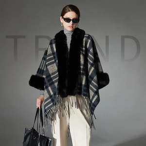 Women's Plaid Shawl Poncho With Faux Fur Collar Tassel Fringe Cape Warm Winter Polyester Wrap For Ladies Outdoor Fashion Coat