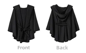 Front and back views of a black hooded cape with an adjustable waist belt