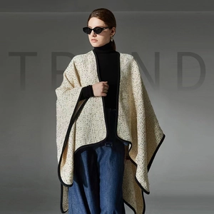 Elegant Wool Lurex Tweed Poncho Shawl For Women Winter Warm Contrast Binding Cape Outerwear French Style Wrap